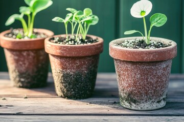 Fototapeta premium Young Plants in Terracotta Pots Growing Indoors on Wooden Surface