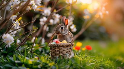 cute easter bunny distributing easter eggs with a basket