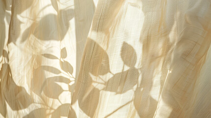 Beige linen curtains with morning sunlight and beautiful leaf shadow. Home concept. Background.