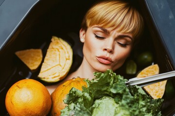 Woman with Fresh Vegetables and Fruits Makeup in Modern Creative Concept Food Photography
