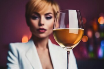Elegant Woman in White Suit Enjoying a Glass of White Wine in Stylish Lounge