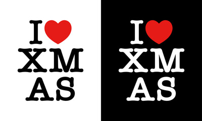 I Love XMAS Lettering with Red Heart - Classic Christmas Typography Vector Graphic