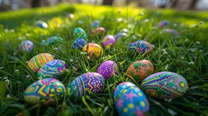 Colorful Easter Eggs in Fresh Green Grass