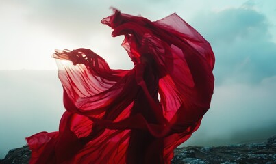 Woman in flowing red fabric dances on a misty mountain