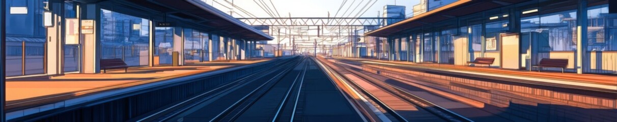 Fototapeta premium Deserted Anime-Inspired Train Station, an Empty Platform with a Bench and Tracks Vanishing into the Distance, Evoking a Quiet, Reflective Mood,Abstract concepts, game concept art