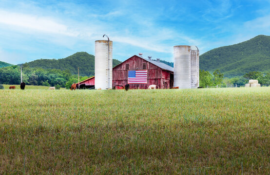 barn in the field and American Flag