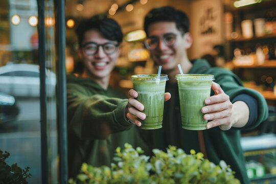 Friends enjoying trendy Japanese beverage concept. Asian men meeting at cafe for matcha tea and conversation two best friends having fun and holding cups of green matcha latte drink in cafe