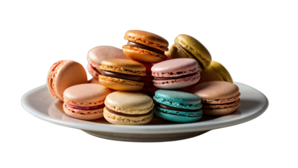 colorful macrons in white plate isolated on transparent background