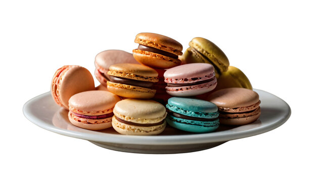colorful macrons in white plate isolated on transparent background