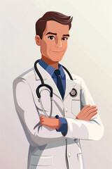 Fototapeta premium A confident doctor stands with arms crossed, showcasing a friendly expression in a clean, modern environment