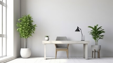 Minimalist home office with plants and clean workspace