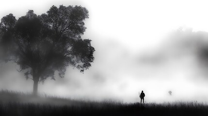 Early Morning Hunter in Misty Forest: Captivating Dawn Scene with Hunter and Nature in Harmony