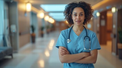 Nurse in scrubs stands confidently in a hospital corridor during the day