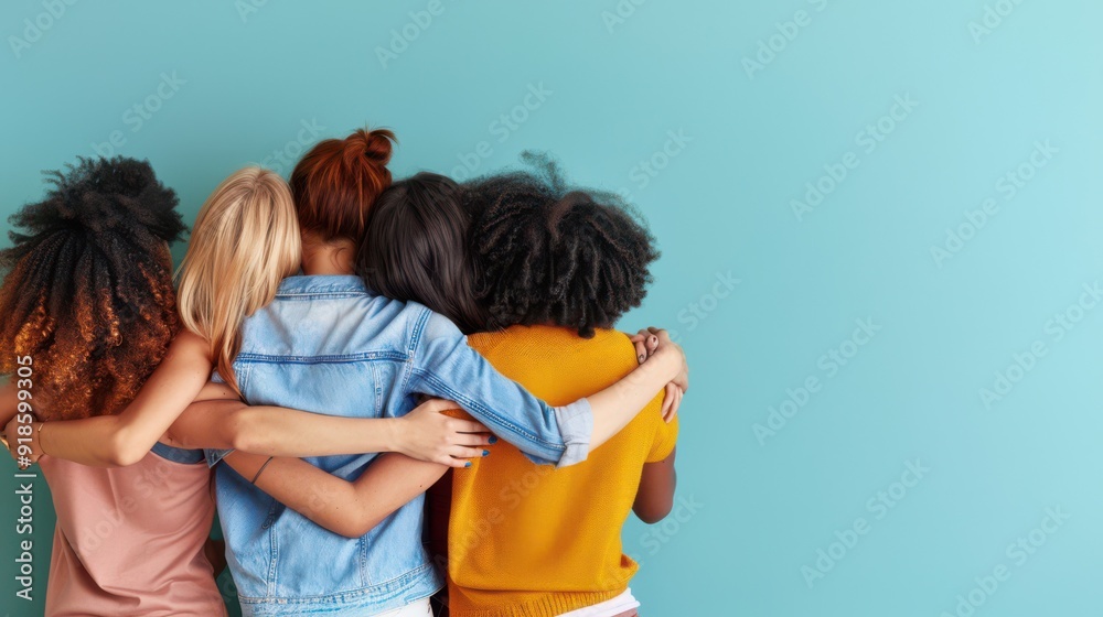 Wall mural Diverse friends embracing each other against a blue wall