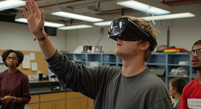 Students explore virtual reality concepts in a classroom setting with engaging interactions and collaboration