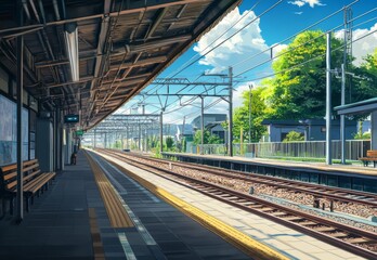 Naklejka premium Deserted Anime-Inspired Train Station, an Empty Platform with a Bench and Tracks Vanishing into the Distance, Evoking a Quiet, Reflective Mood,Abstract concepts, game concept art