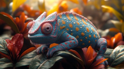 Colorful chameleon on leafy branch - generative ai