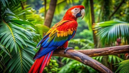 Obraz premium A vibrant macaw perched on a branch in a tropical rainforest showcasing its brightly colored feathers.