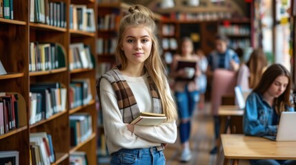A young woman with long blonde hair and wearing an elegant sweater is studying at a table surrounded by other students