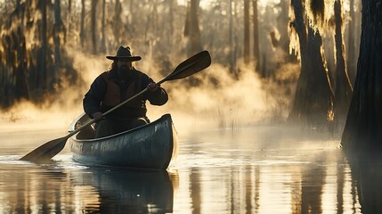 Experienced Hunter Paddling a Canoe Through Serene Lake Surrounded by Lush Green Forests