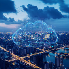 Obraz premium Global Cloud Computing and Digital Data Transfer Network