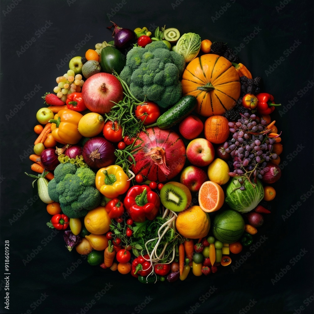 Wall mural A colorful array of fresh fruits and vegetables arranged in a circular pattern on a dark background. Ideal for healthy eating, vegan, organic, or grocery themes. Perfect for food-related projects. AI