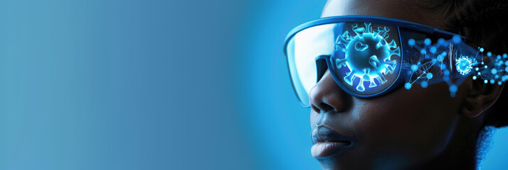 A person observes holographic virus models through advanced visual technology in a blue atmosphere