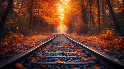 Naklejka premium Autumn railway through forest - generative ai