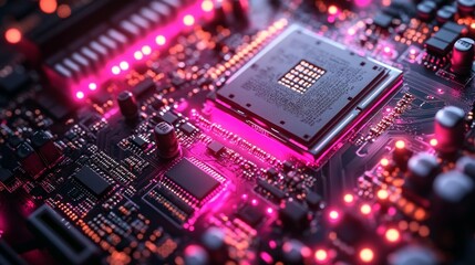 Obraz premium Futuristic circuit board with pink lights - generative ai