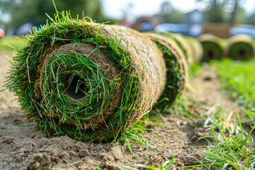 Workers prepare fresh sod rolls for landscaping in a sunny residential area