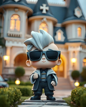 futuristic cute wealthy rich guy in sunglasses chibi kawaii character in front of his mansion