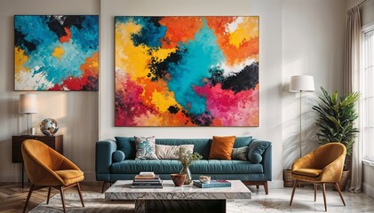 Modern living room with abstract art featuring bold color blending and dynamic shapes for an energetic visual impact.