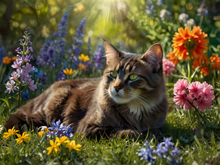 Obraz premium Realistic smoky cat lounging among vibrant spring flowers in sunlit clearing.