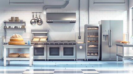 Fototapeta premium Commercial, professional bakery kitchen and stainless steel convection.