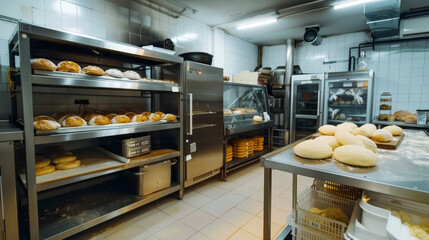 Commercial, professional bakery kitchen and stainless steel convection.