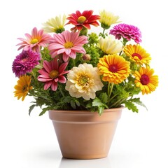 Vibrant assortment of multicolored natural flowers blooming in a terracotta pot against a clean white background in bright daylight. Generative AI