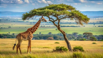 A graceful giraffe reaching up to eat leaves from a tall tree with the vast African plains stretching out behind it.