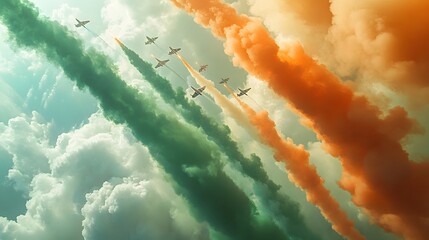 Group of airplanes creating tricolor smoke trails in a bright sky