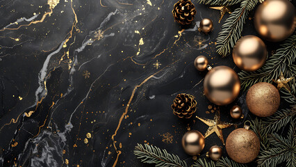 Naklejka premium Christmas Ornaments And Pine Cones On Marble