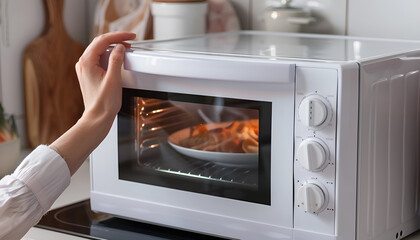 Woman's Hands Closing Microwave Oven Door And Preparing Food At Home