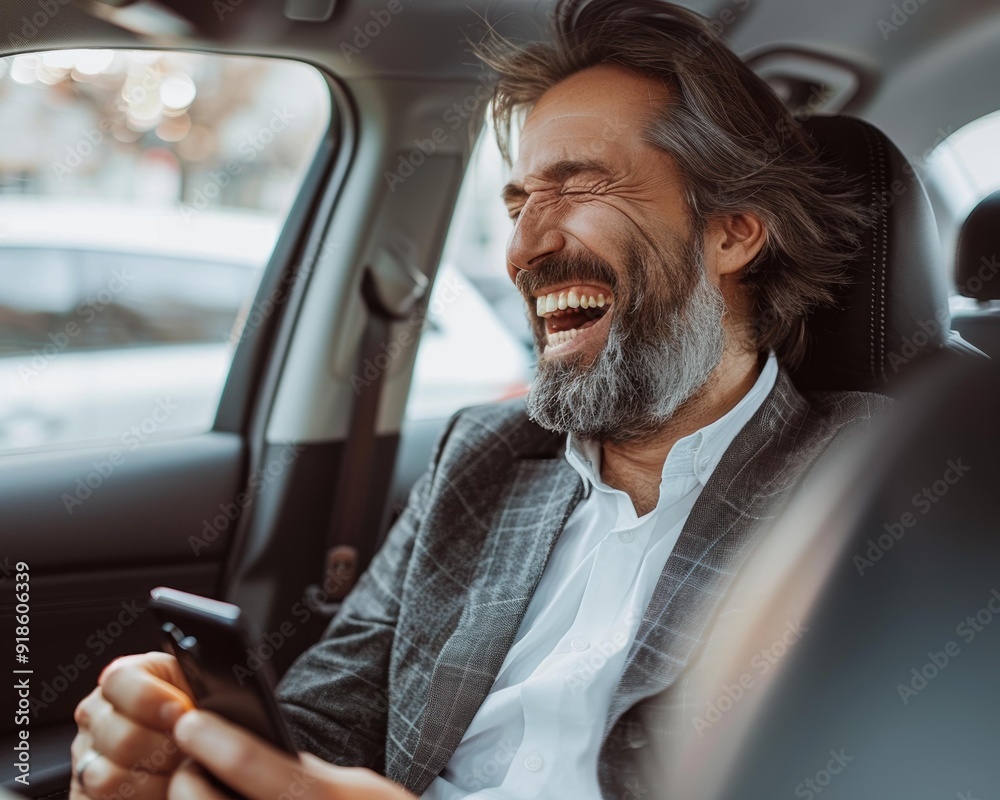 Poster A man laughs heartily while looking at his phone. AI.