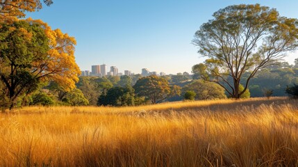 Fototapeta premium Golden grass field with trees in the foreground and a city skyline in the background. AI.
