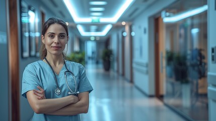 Fototapeta premium A healthcare professional stands confidently in a well-lit hospital corridor during the evening shift