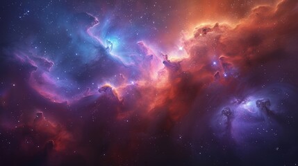 Fototapeta premium Vibrant cosmic clouds illuminated by distant stars in an expansive galaxy