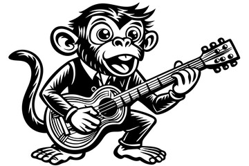 Monkey Playing Guitar Caricature Vector Illustration - Logo Icons, Line Art SVG Design, Cricut & Silhouette Cut Files, Vector Clipart, T-Shirt Graphics, Graphic Elements