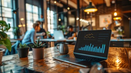 Dynamic Collaboration Business Charts on Laptop Screen in Busy Office Setting Teamwork and Analysis Concept