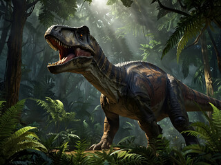 Realistic Jurassic scene with lush vegetation and dinosaurs like Brachiosaurus and Velociraptor.