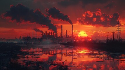 Industrial landscape at sunset - generative ai