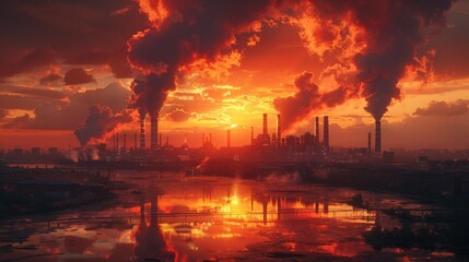 Industrial landscape at sunset with smoke - generative ai