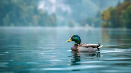 Fototapeta premium A lone duck swims across a calm lake, surrounded by misty mountains and a serene sky.